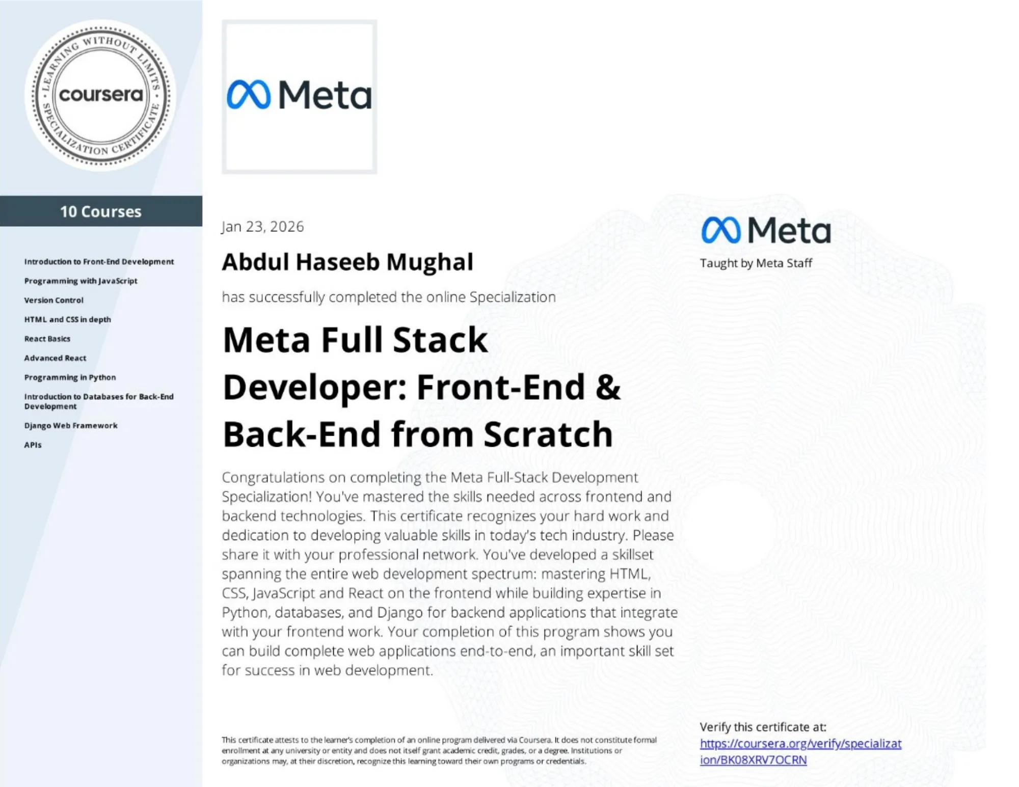 Meta Full Stack Developer Verified Certificate